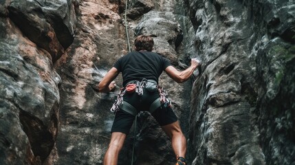 Realistic portrayal of a climber navigating a narrow crevice on a cliff face, dressed in a black shirt