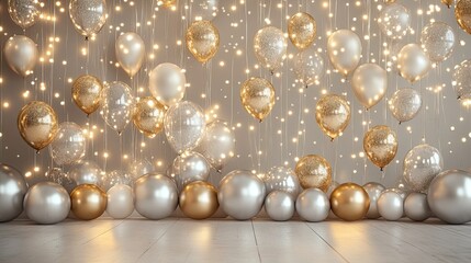Holiday background with silver and gold metallic balloons, christmas or other events, confetti and ribbons. Birthday party, anniversary, new year.