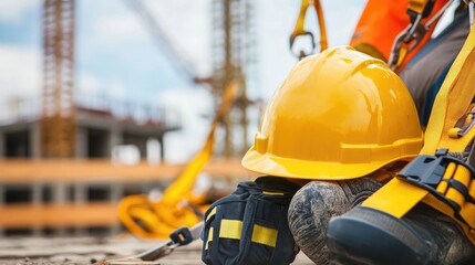 Safety gear in action on a construction site, including helmets, harnesses, and safety boots being used