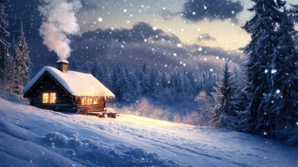 Snow-covered winter landscape with a cozy cabin and smoke rising from the chimney