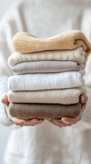 Woman holding a stack of folded warm sweaters in beige and brown colors