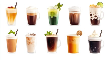 Various hot and cold beverages drinks. Different coffee drinks assorted isolated on white background. boba tea, mocha, tea, green tea, hot chocolate, black coffee, Macha, cappuccino, iced coffee.