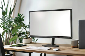 Sleek modern home office setup featuring a desktop computer with a blank screen, ideal for productivity and style