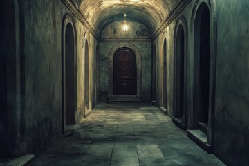 Obraz premium Dark and Eerie Hallway with Arched Doorways and a Single Light