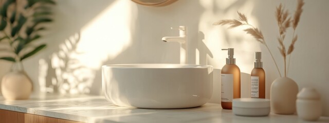Modern minimalist bathroom sink with sunlight casting shadows