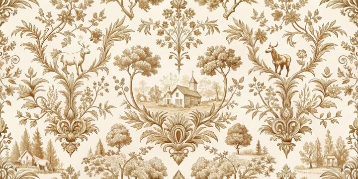Classic French scenic pattern featuring pastoral motifs in a single color on a white or light background, French