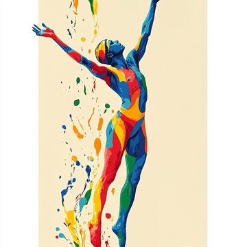 Vibrant poster of gymnast performing on the parallel bars using abstract shapes and soothing colors