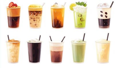 Various hot and cold beverages drinks. Different coffee drinks assorted isolated on white background. boba tea, mocha, tea, green tea, hot chocolate, black coffee, Macha, cappuccino, iced coffee.