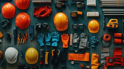 Various types of construction safety gear such as helmets, gloves, and safety goggles neatly arranged