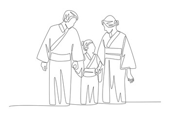 Japanese family is taking part in a festival. Families in japan concept one-line drawing