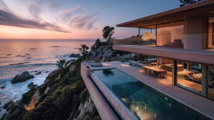 Fototapeta premium A luxury real estate listing where the mansion is located on the edge of a cliff, with a glass-bottomed infinity pool that extends over the ocean