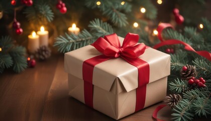 A gift box wrapped in beige paper with a red rib. Shell and fir branch
