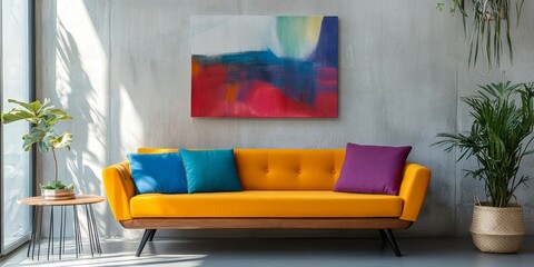The minimalist interior has a multicolored sofa against a concrete wall, enhanced by vibrant plants and creative artwork, fostering an inviting atmosphere for relaxation and conversation
