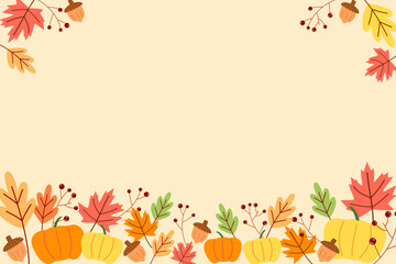 Autumn and fall season border frame decorate with autumns leaves, maple, pumpkin for thanksgiving, halloween background