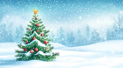 Winter scene with a Christmas tree and snow-covered landscape