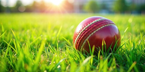 Cricket ball in green grass with light , sports, cricket, ball, grass, field, outdoor, recreation, game, equipment, round