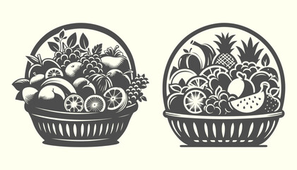 Silhouette of  fruit basket full with different fruits. Elegant vector fruit basket silhouette, great for grocery, produce, and nature-inspired designs