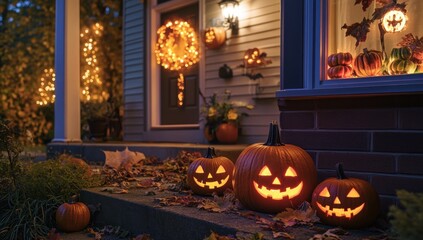 Obraz premium Halloween pumpkins lit up on the front porch of an American house at night A glowing jack-o'-lantern sits next to other decorations Generative AI