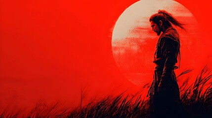 Samurai Warrior Silhouette Against Red Sunset