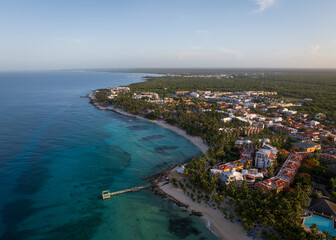 Panorama of dominicus coastline, crystal clear ocean and beautiful sandy beach,Caribbean sea.Bayahibe,Dominican Republic.