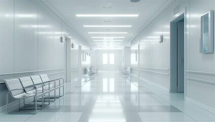 Fototapeta premium Modern hospital hallway with doorways and chairs, white background