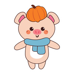 cute drawing cartoon pig with pumpkin. cute animal drawing, doodle, sticker for autumn vibes