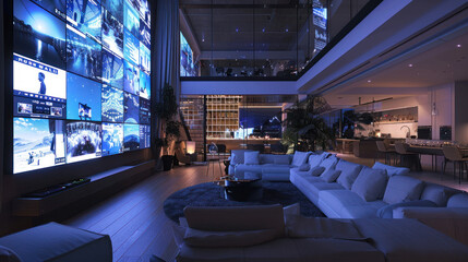 Naklejka premium A luxury home where the walls are giant screens displaying live feeds from around the world, allowing residents to feel connected to any place at any time