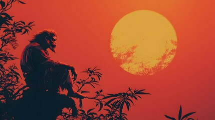 Silhouette of a Monkey Sitting on a Branch Against a Red Sunset