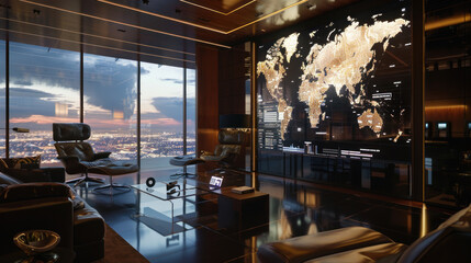 A luxury home where the walls are giant screens displaying live feeds from around the world, allowing residents to feel connected to any place at any time