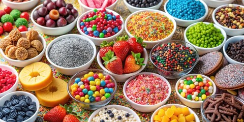 Assorted toppings like sprinkles, chocolate chips, and fruit slices to decorate sweet desserts, toppings, enhance