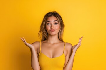 Latina woman in studio, engaging expression, sharing a secret, vibrant backdrop, warm atmosphere, inviting presence, full-body shot
