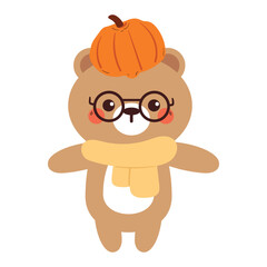 cute drawing cartoon bear with pumpkin. cute animal drawing, doodle, sticker for autumn vibes
