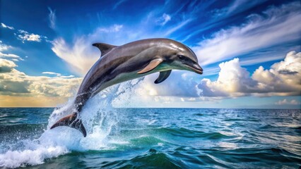 Obraz premium Dolphin leaping out of the water, creating a splash, dolphin, leaping, water, splash, marine life, wildlife, nature, ocean