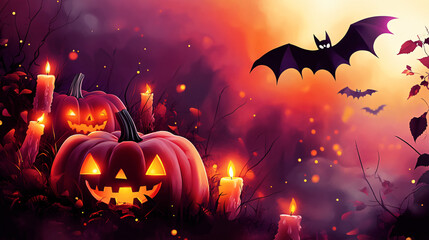 A Halloween-themed website header with pumpkins, flying bats, and glowing candles.
