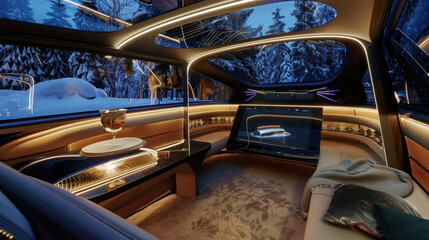 Fototapeta premium A luxury car that drives itself, with an interior that resembles a high-end lounge, complete with a mini-bar, a fireplace, and a panoramic roof for stargazing