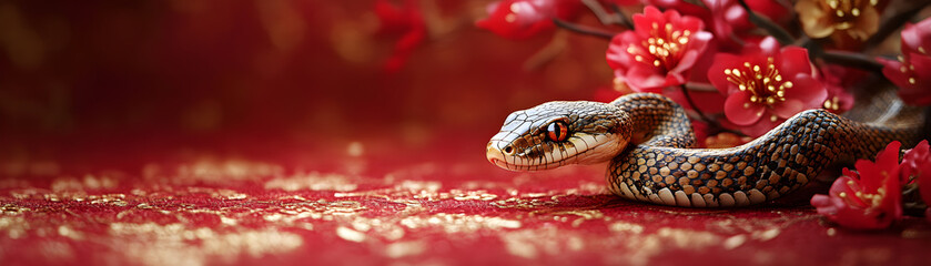 Fototapeta premium A snake is laying on a red background with red flowers in the foreground