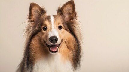 A portrait of a Shetland Sheepdog with a playful expression, surrounded by a light solid color backdrop, capturing its friendly demeanor