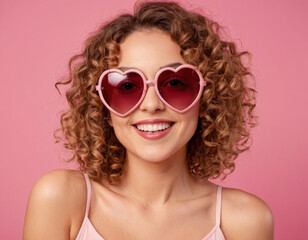 Fototapeta premium Smiling woman with curly hair wearing heart-shaped sunglasses against a pink background. Represents love, joy, and a playful, stylish attitude.