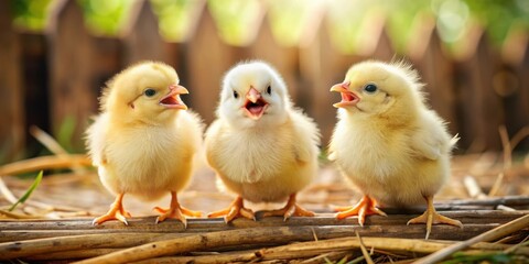 Three cute chicks playing and laughing in a farm setting, chicks, farm, playful, laughing, cute, adorable, animals, animal farm