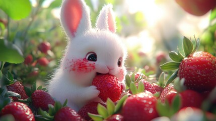 A cute white bunny enjoys a juicy red strawberry in a field of ripe berries.