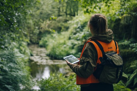 A woman in an orange vest stands by a serene stream. She uses a tablet to explore nature. The setting is lush and green, ideal for outdoor work. Generative AI