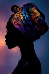 Surreal African Tribal Woman Silhouette with Dreamlike Floating Turban in Blues, Purples, and Gold