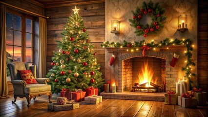 Cozy Christmas scene with decorated tree and crackling fireplace, Christmas, cozy, holiday, winter, warm, home