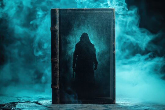Spooky dark-themed book cover mockup featuring a mysterious silhouette in a foggy atmosphere with teal and black tones