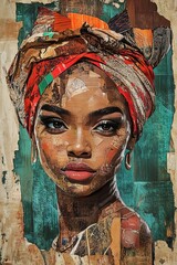 African Tribal Woman Portrait with Bold Textured Bandana Turban in Mixed-Media Collage Style