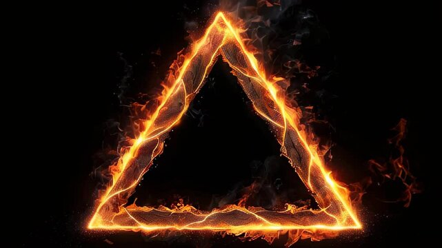 A triangle made of fire is lit up in the dark