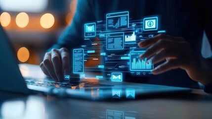 Fototapeta premium Banking professional reviewing loan documents in a digital environment, secure access, remote work