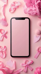 Mobile app screen mockup with decorative pink ribbons and flowers on a soft pastel pink background