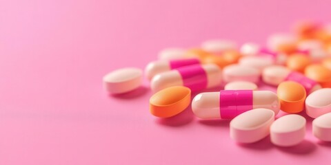 Colorful medicinal capsules and pills on a pink background.