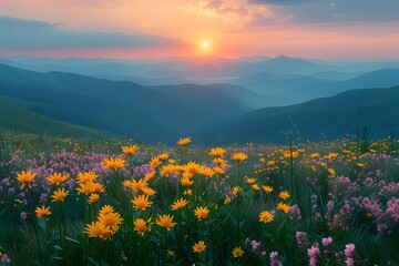 Fototapeta premium Serene Sunrise Over a Flower-Filled Valley